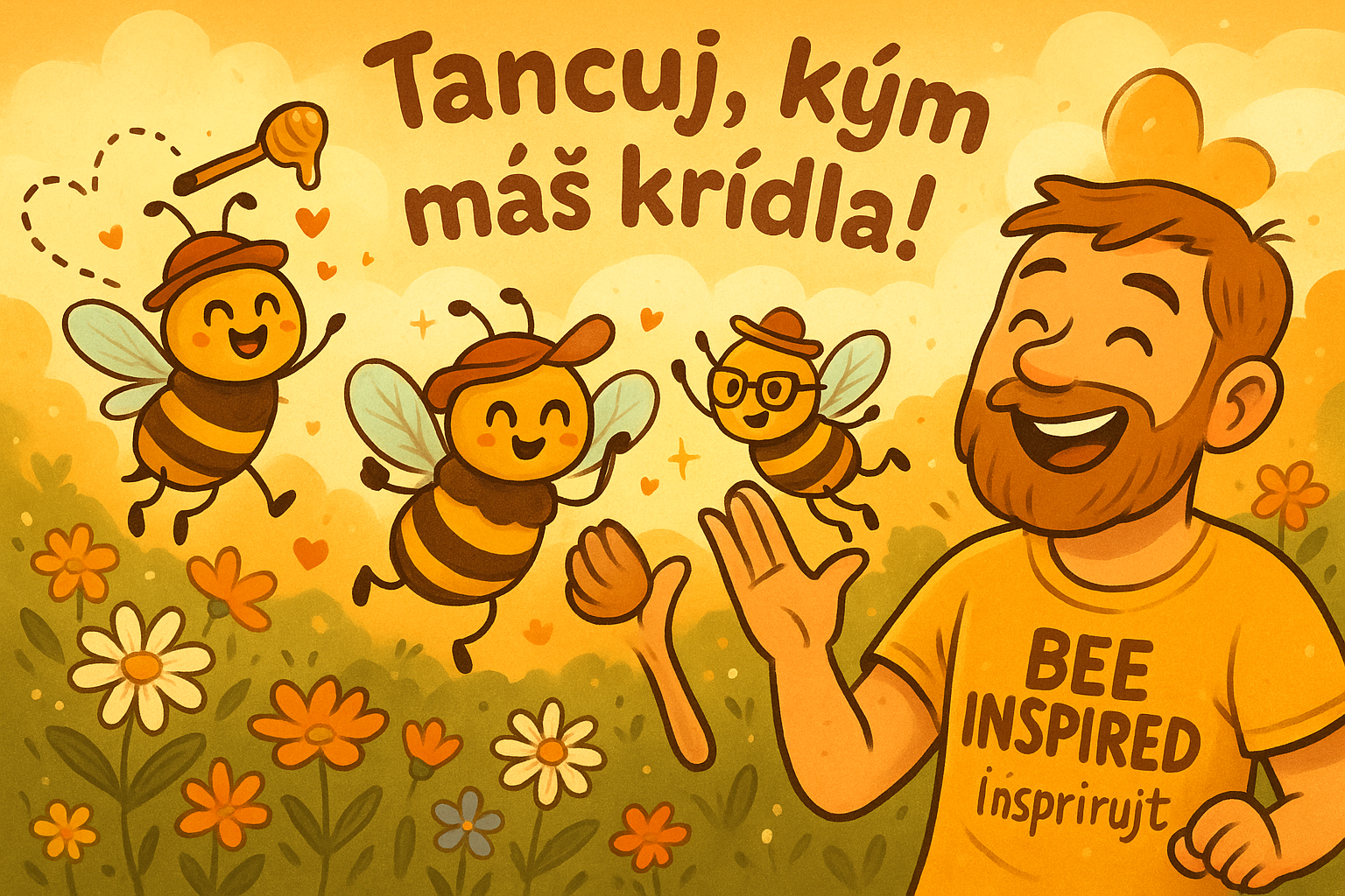 Veselá ilustrácia usmievavého včelára a tancujúcich včielok na rozkvitnutej lúke s motivačným nápisom 'Tancuj, kým máš krídla!' a tričkom 'BEE INSPIRED