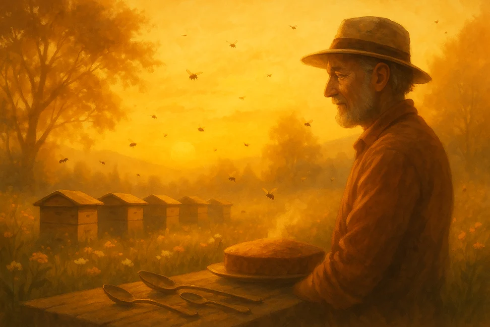 Ilustrácia včelára pri práci v slnečnom sade s radom drevených úľov, kvitnúcou lúkou a domácim pečeným koláčom v popredí