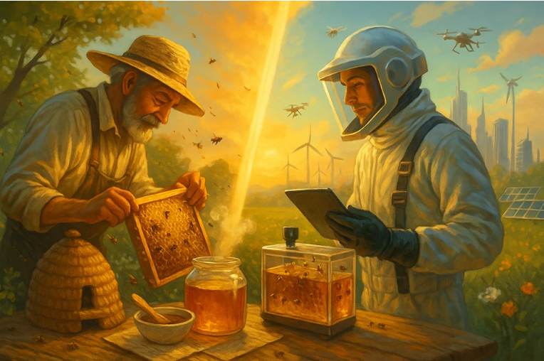 Ilustrácia staršieho včelára v slamáku držiaceho plást a moderného včelára vo futuristickej helme s tabletom pri analýze medu počas západu slnka.