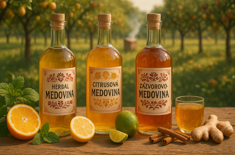 Fotorealistický záber na tri sklenené fľaše medoviny s korkovými zátkami postavené na drevenom stole v ovocnom sade. Ručne zdobené etikety nesú nápisy Herbal Medovina, Citrusová Medovina a Zázvorovo-Medovina. Pred fľašami sú esteticky naaranžované polovičky pomaranča a citróna, celá limetka, lístky mäty, tyčinky škorice, koreň zázvoru a naplnený sklenený pohár.